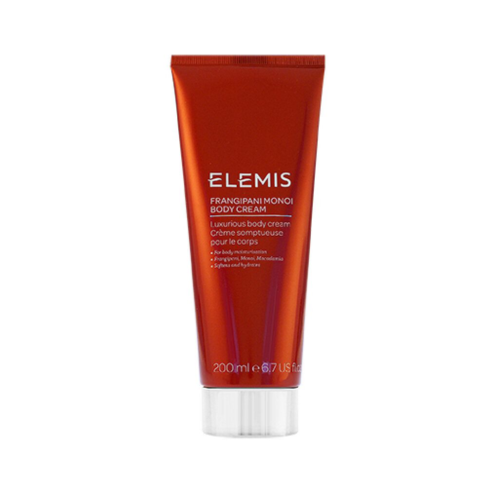 Tubo rosso con tappo bianco. Testo: Elemis, Frangipani Monoi Body Cream. 200ml.