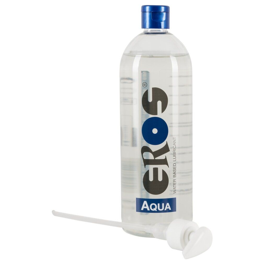 Flacone trasparente con dosatore. Scritta: EROS Aqua. Lubrificante a base d'acqua. Pompa separata.