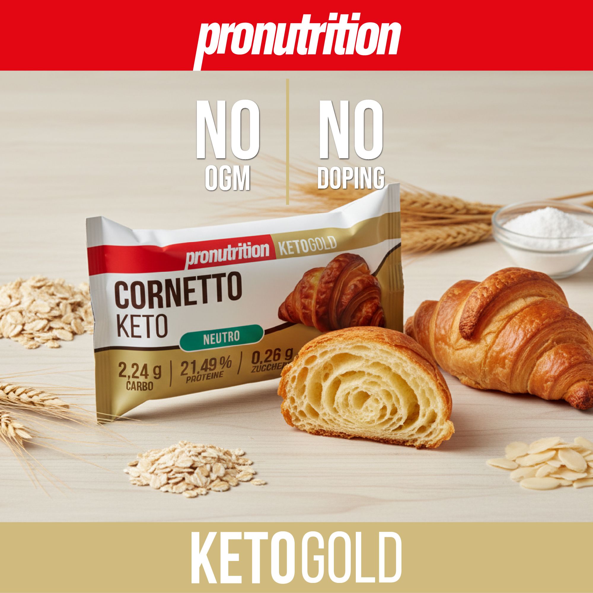 Confezione Cornetto Keto, gusto Neutro, accanto a fiocchi d'avena, cereali e croissant. Logo Keto Gold.
