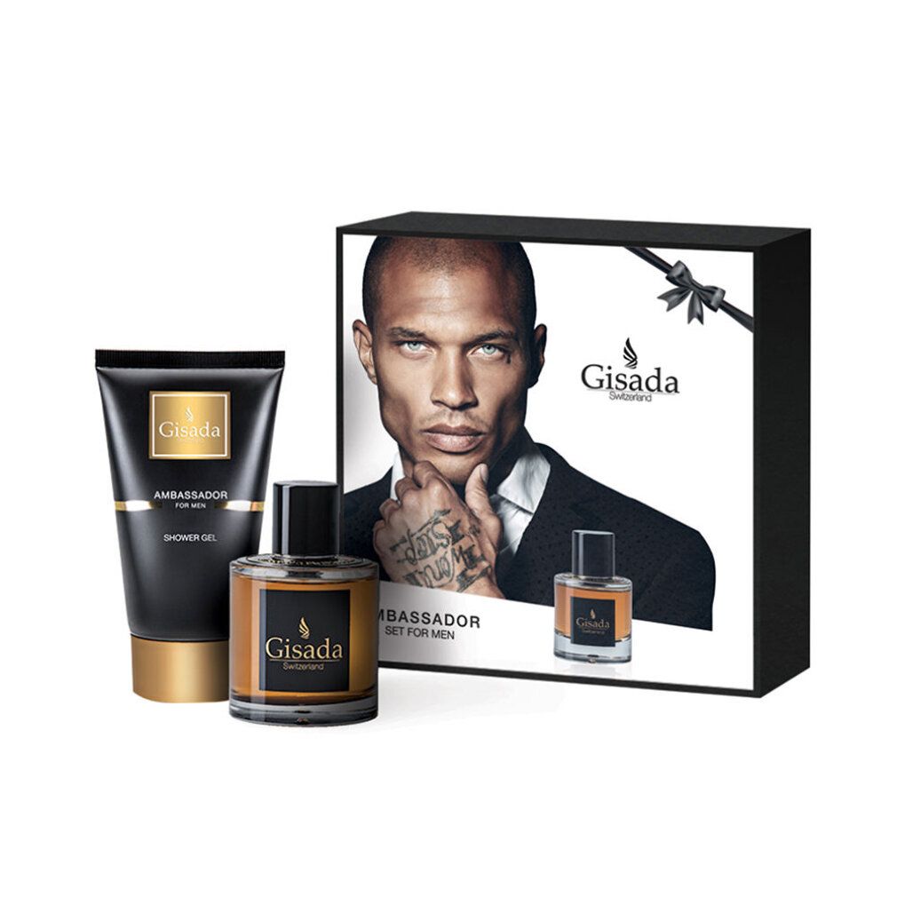 Set regalo con Eau de Parfum, gel doccia e confezione con ritratto di uomo. Accenti neri e oro.