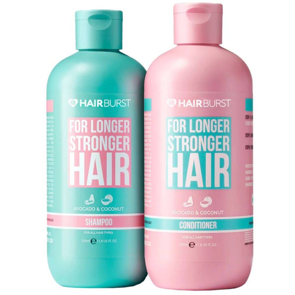 Due flaconi Hairburst: un flacone turchese per shampoo e uno rosa per balsamo, entrambi con scritta 'For Longer Stronger Hair'.