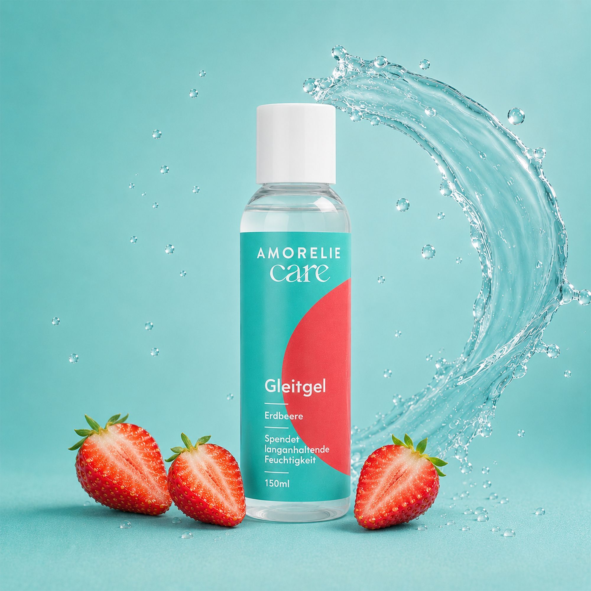 Gel lubrificante AMORELIE Care Fragola in bottiglia trasparente, circondato da fragole e schizzi d'acqua.