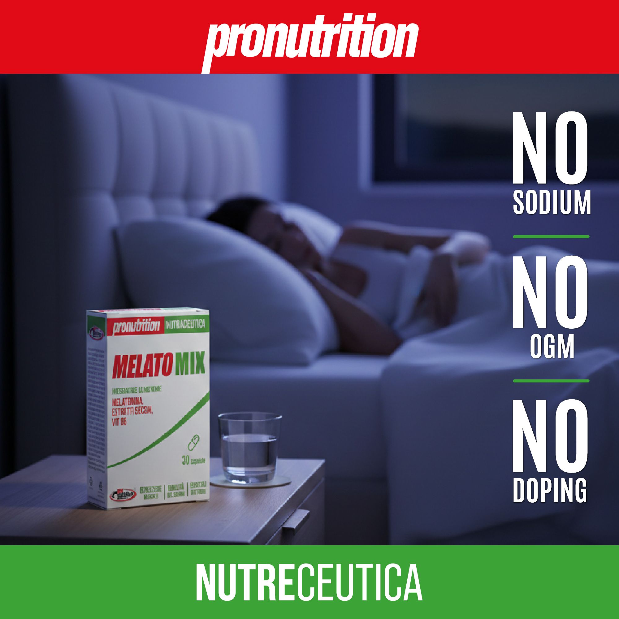 Scatola del prodotto con scritta Melatomix. 30 capsule. Accanto a bicchiere d'acqua. Senza aggiunte: sodio, OGM, doping. Contiene Melatonina, Estratti Secchi, Vit B6.