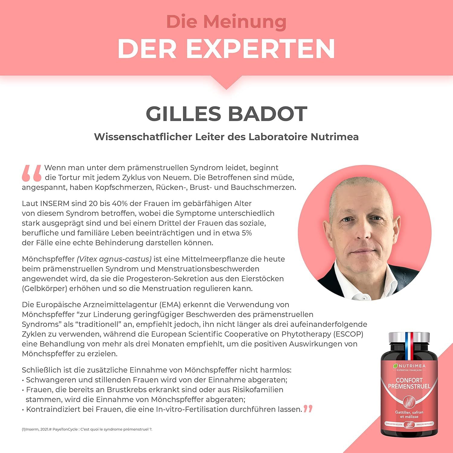 Parere esperto di Gilles Badot. Testo sui sintomi della sindrome premestruale e l'agnocasto. Flacone con bandiera tedesca.