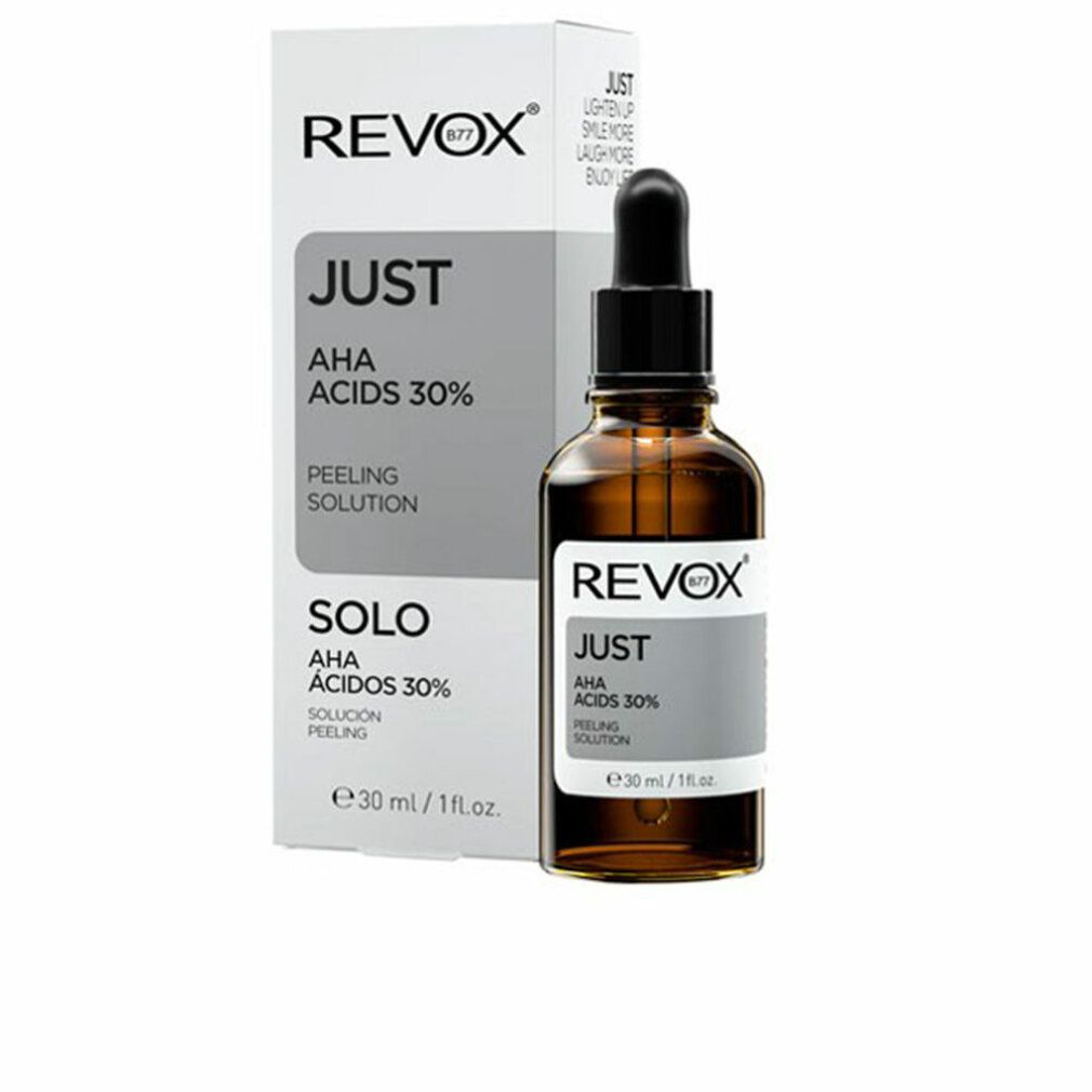 Flacone e confezione. Flacone con contagocce, etichetta "Revox Just AHA Acids 30%". Confezione con testo.