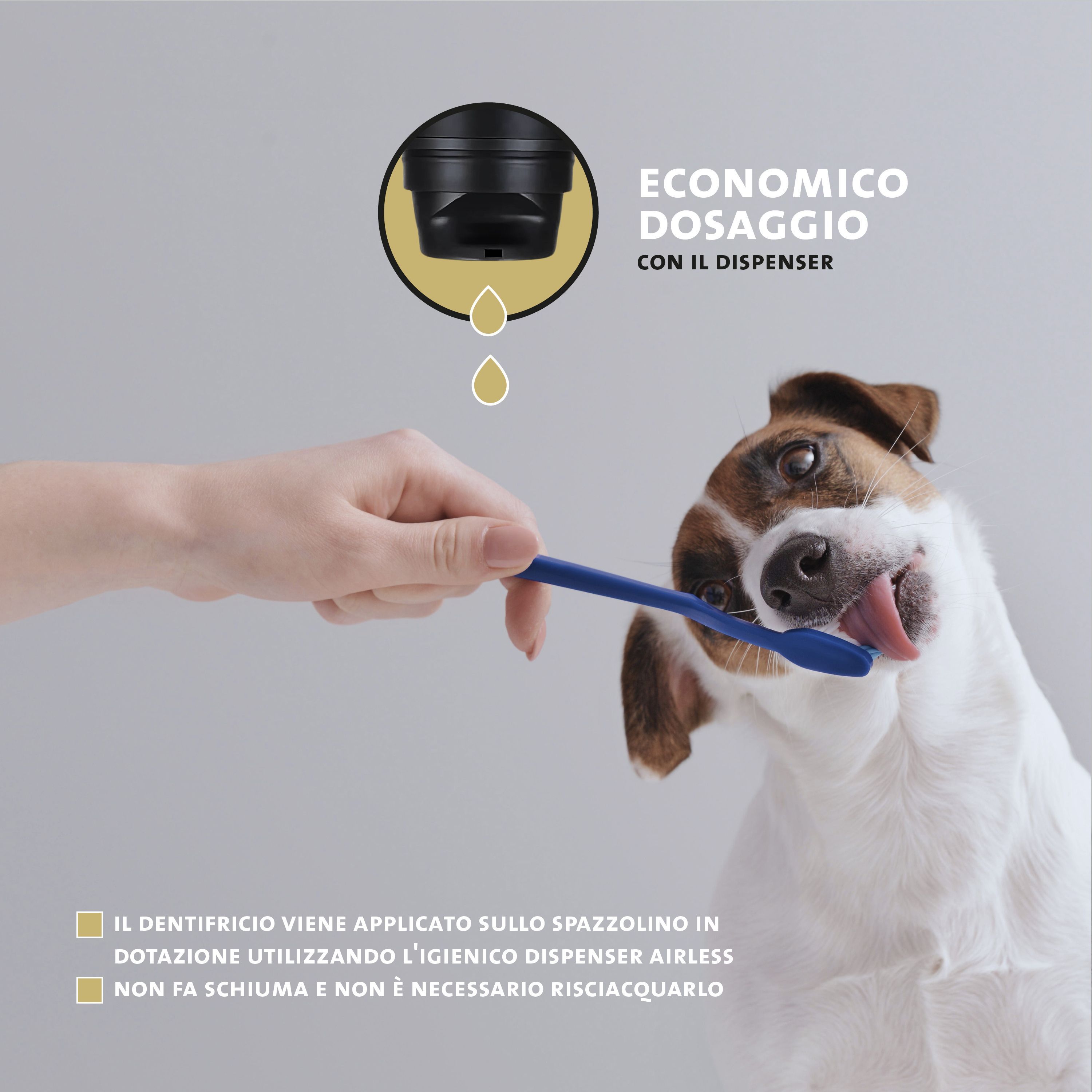 Cane con spazzolino. Testo: «ECONOMICO DOSAGGIO CON IL DISPENSER». Gocce gialle.