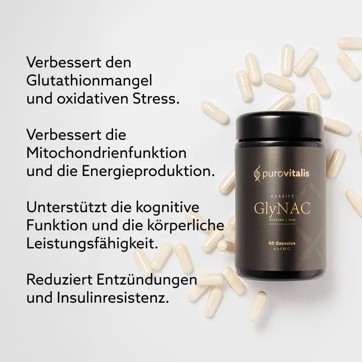 Flacone nero con tappo nero, capsule. Testo: GlyNAC Clarity, 60 capsule. Marchio: Purovitalis.