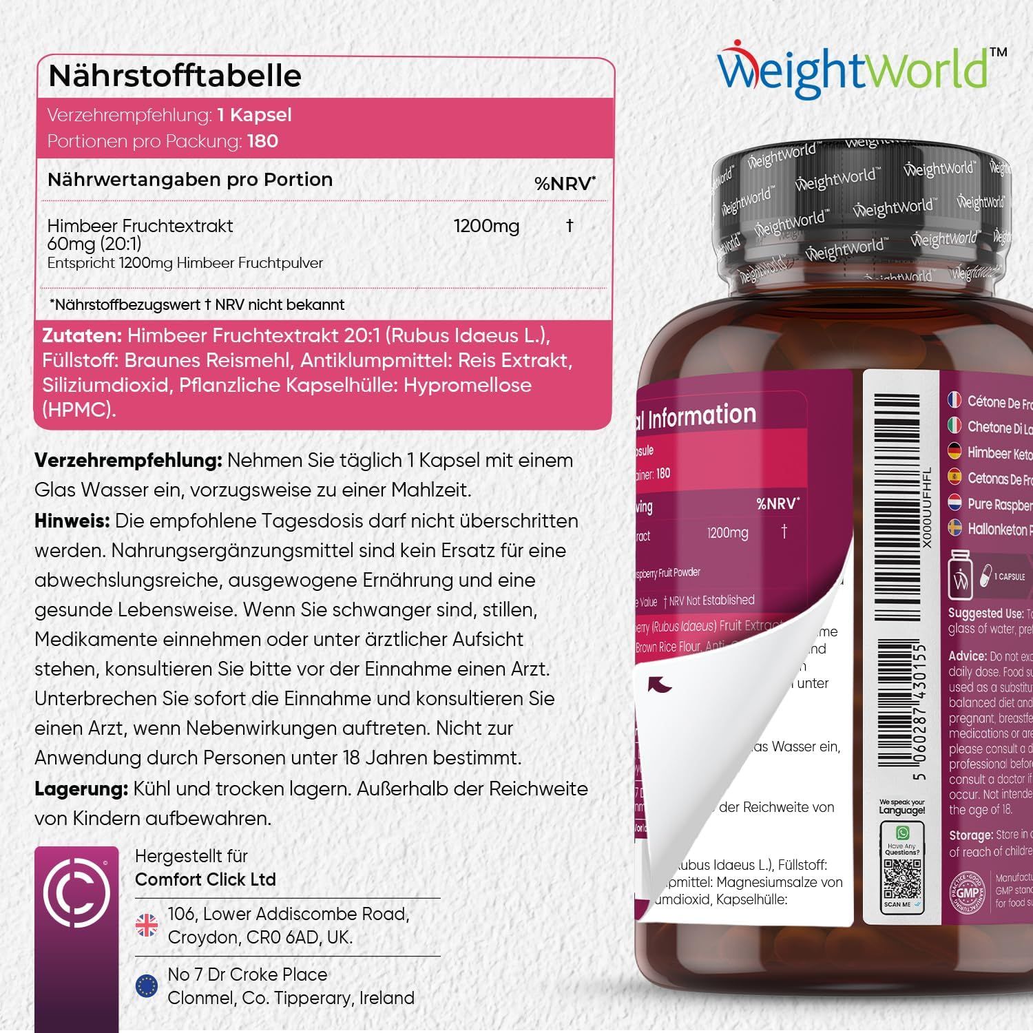 Tabella nutrizionale. Testo: Estratto di frutta di lampone, 60mg (20:1), 1200mg polvere di frutta di lampone. Ingredienti.
