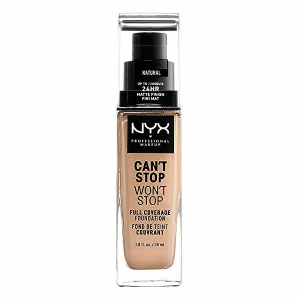Flacone di fondotinta NYX Can't Stop Won't Stop con erogatore, "Natural" sul tappo.