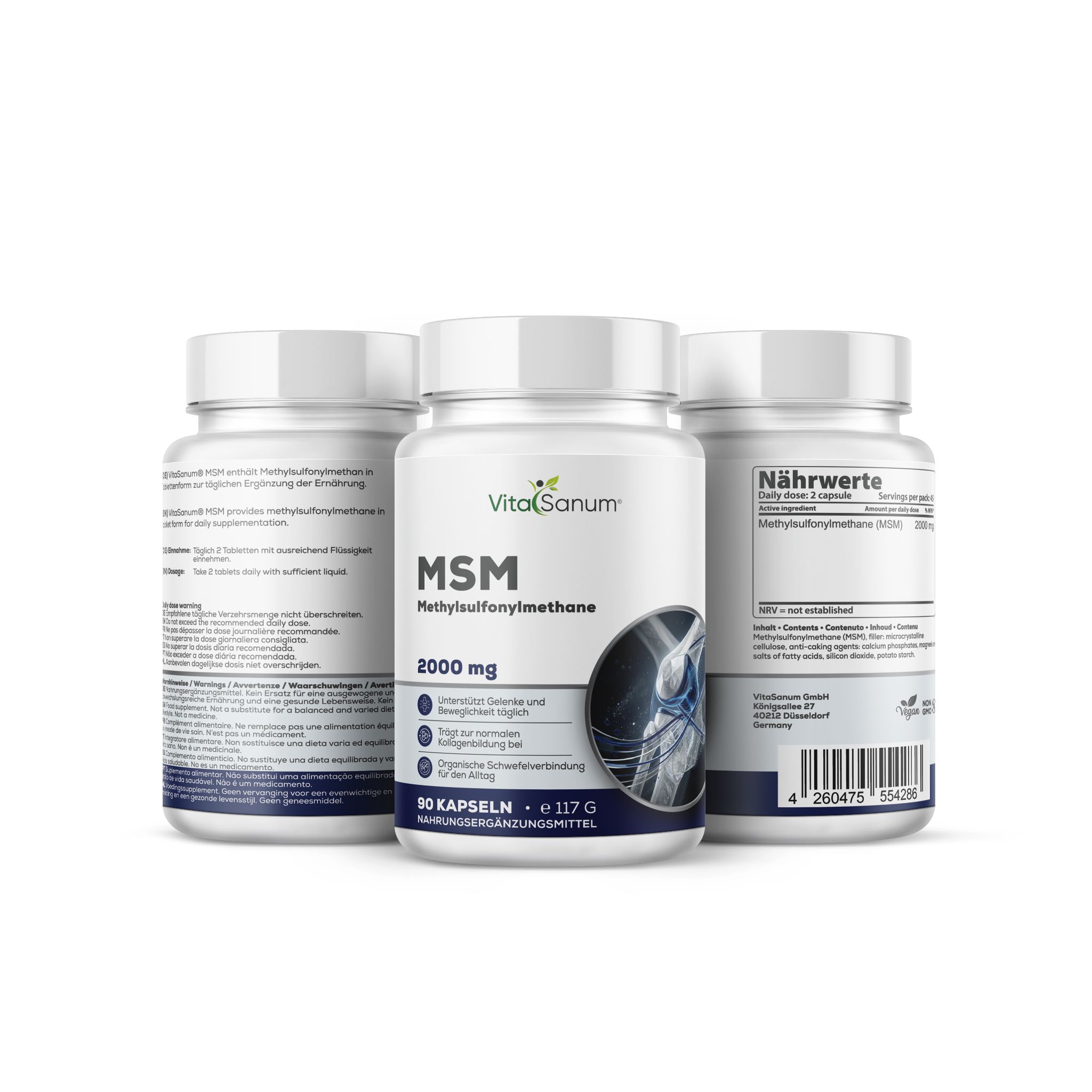 VitaSanum® MSM 2000 mg capsule: Tre contenitori, uno frontale con etichetta blu, raffigurazione articolare e informazioni sul prodotto.