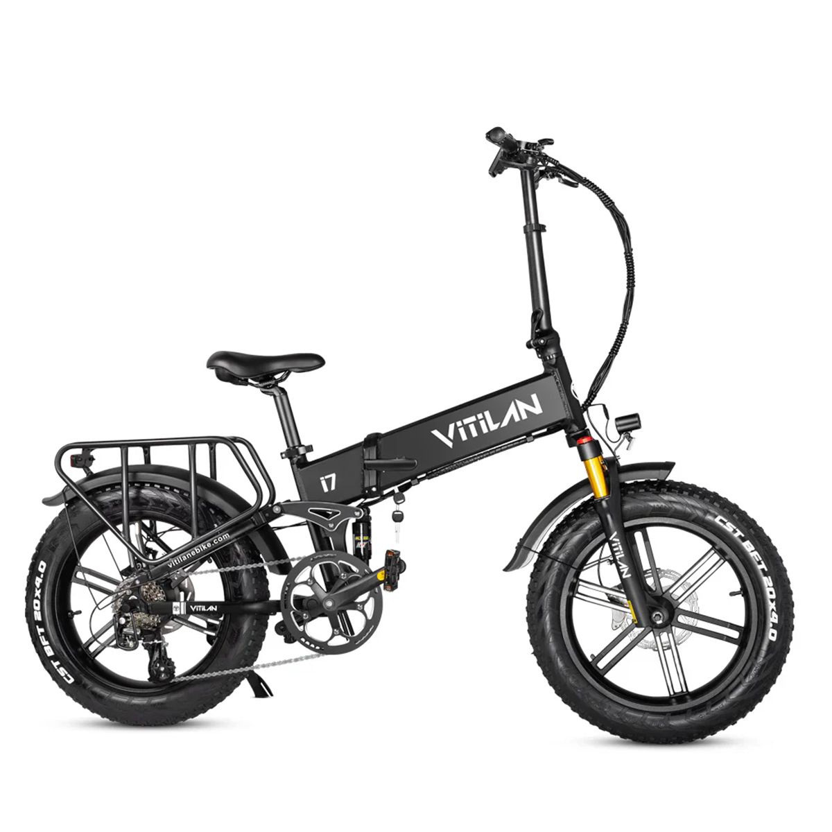 Bicicletta elettrica nera VITILAN i7. Pneumatici larghi, portapacchi, cambio a 8 velocità.