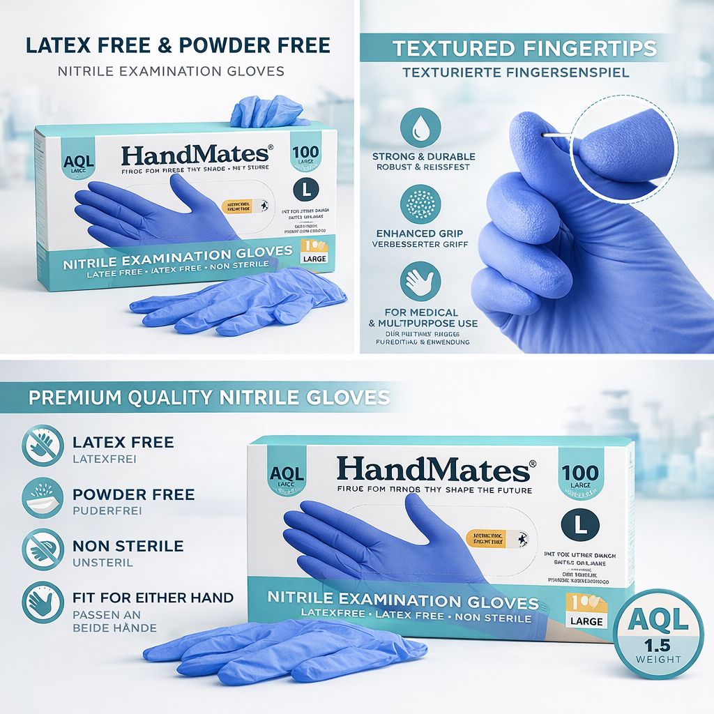 Guanti in una scatola. I guanti sono senza polvere, senza lattice, non sterili e per uso medico. Scatola con scritta HandMates, taglia L.