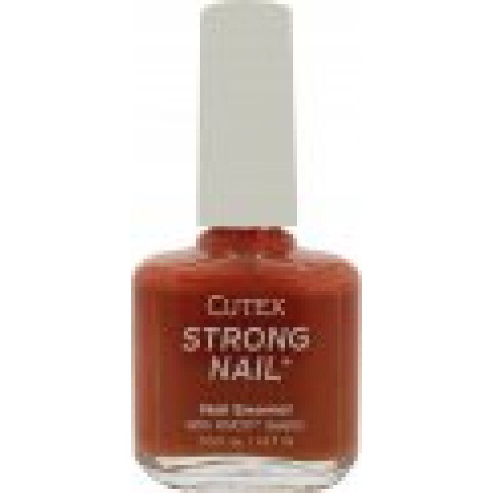 Flacone di smalto per unghie. Smalto arancione, tappo bianco. Scritta: Cutex Strong Nail. Testo: Nail Enamel.