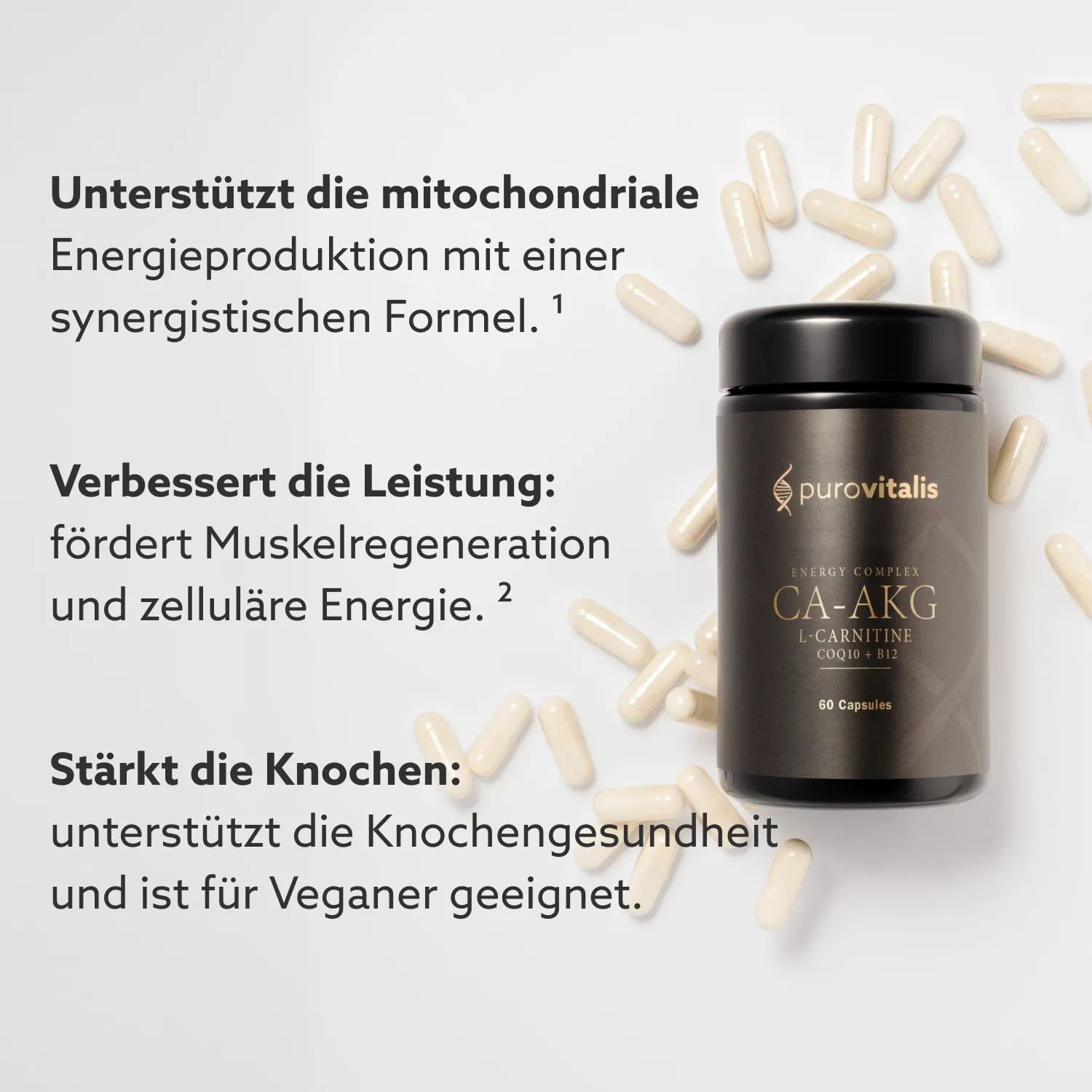 Flacone e capsule. Testo: Supporta la produzione di energia, migliora le prestazioni, rafforza le ossa. Vegano.