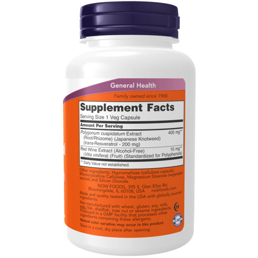 Flacone bianco con tappo viola. Scritta: Now Foods, Natural Resveratrol, 200mg. Retro con informazioni nutrizionali e ingredienti.
