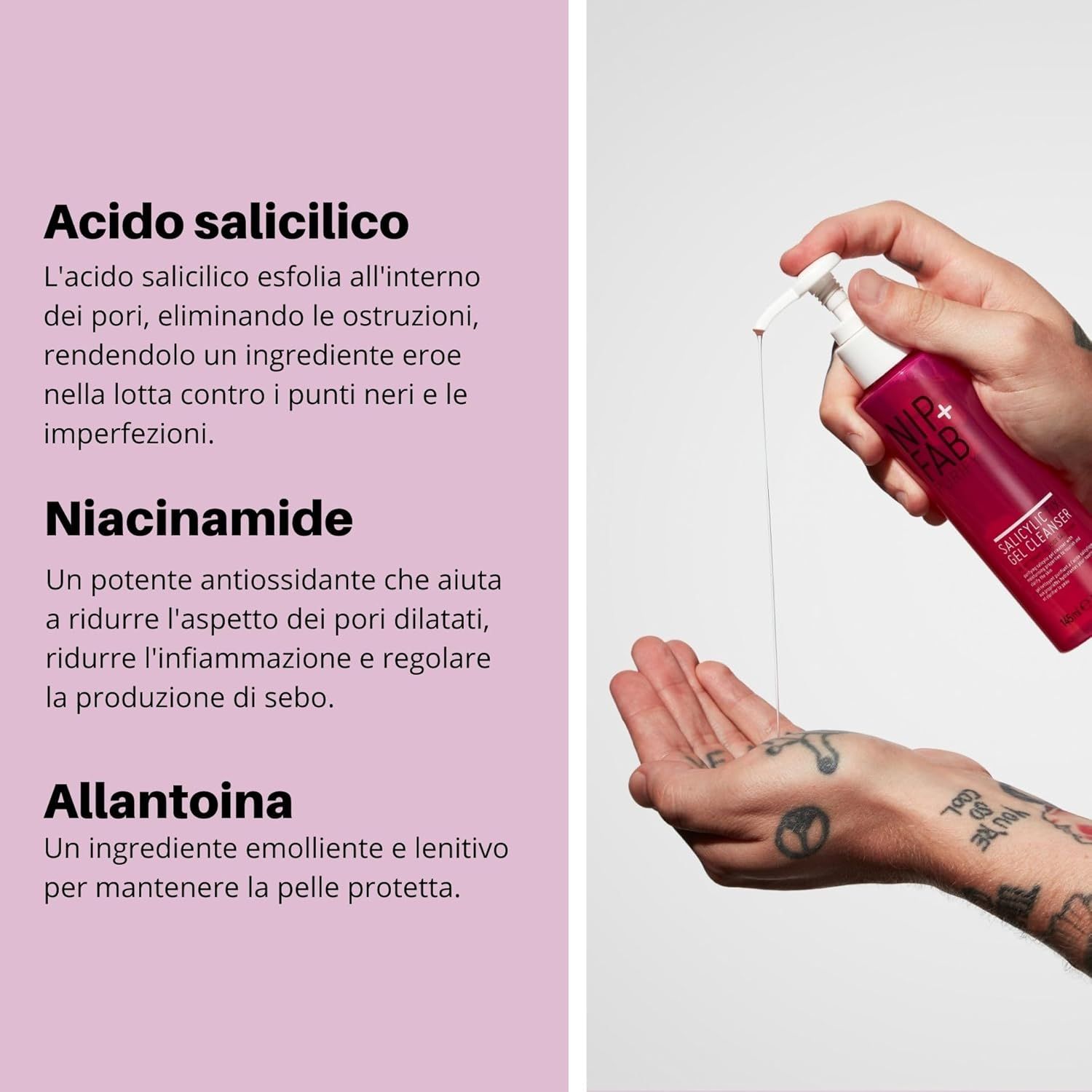 Mani che tengono una bottiglia. Testo su acido salicilico, niacinamide e allantoina.