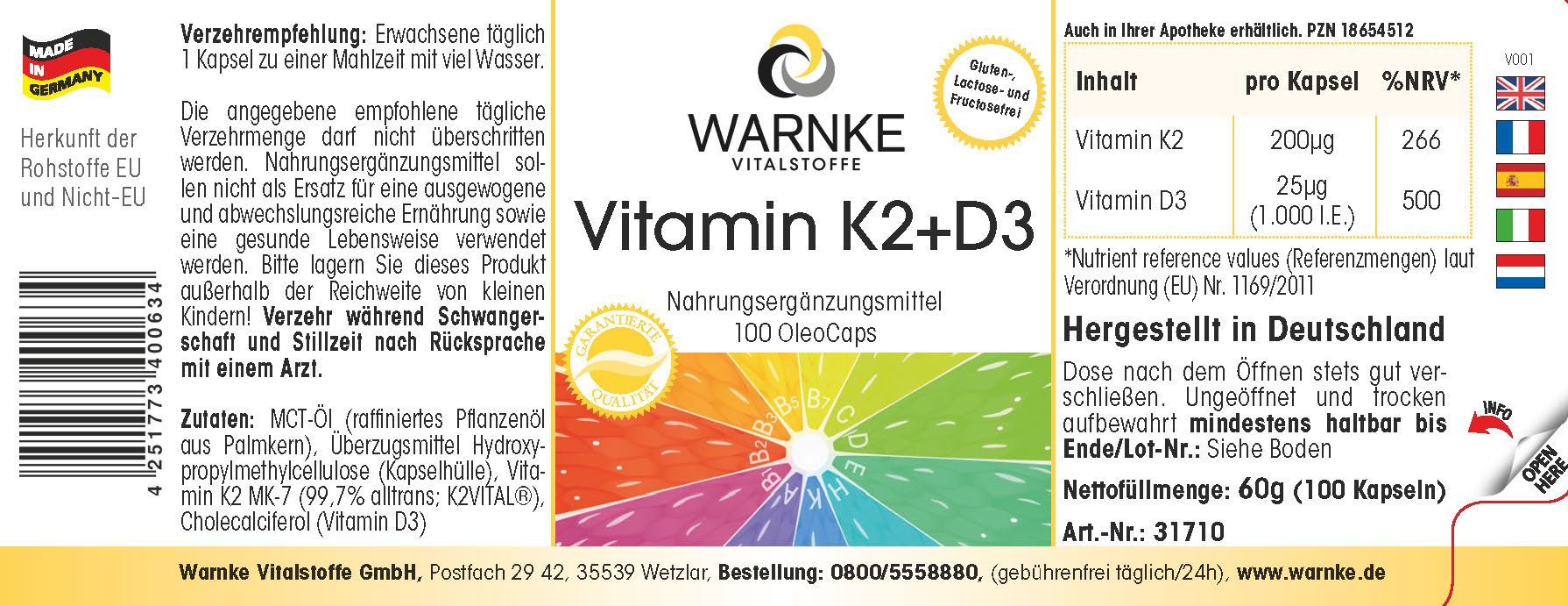 Etichetta con informazioni sul prodotto. Scritta: Warnke Vitalstoffe Vitamina K2+D3. 100 OleoCaps. Prodotto in Germania.