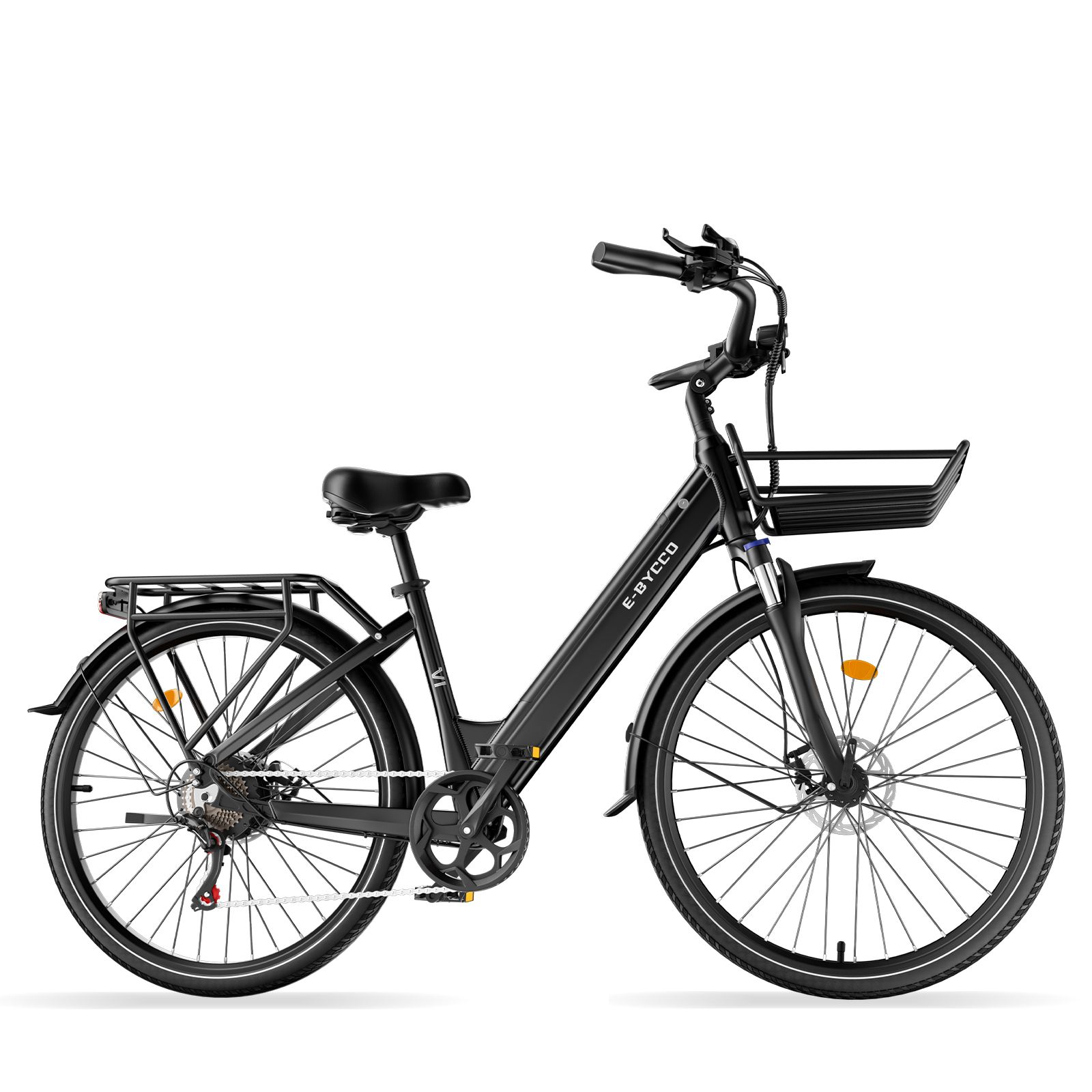 E-bike nera con cestino e portapacchi. Marchio E-BYCCO.