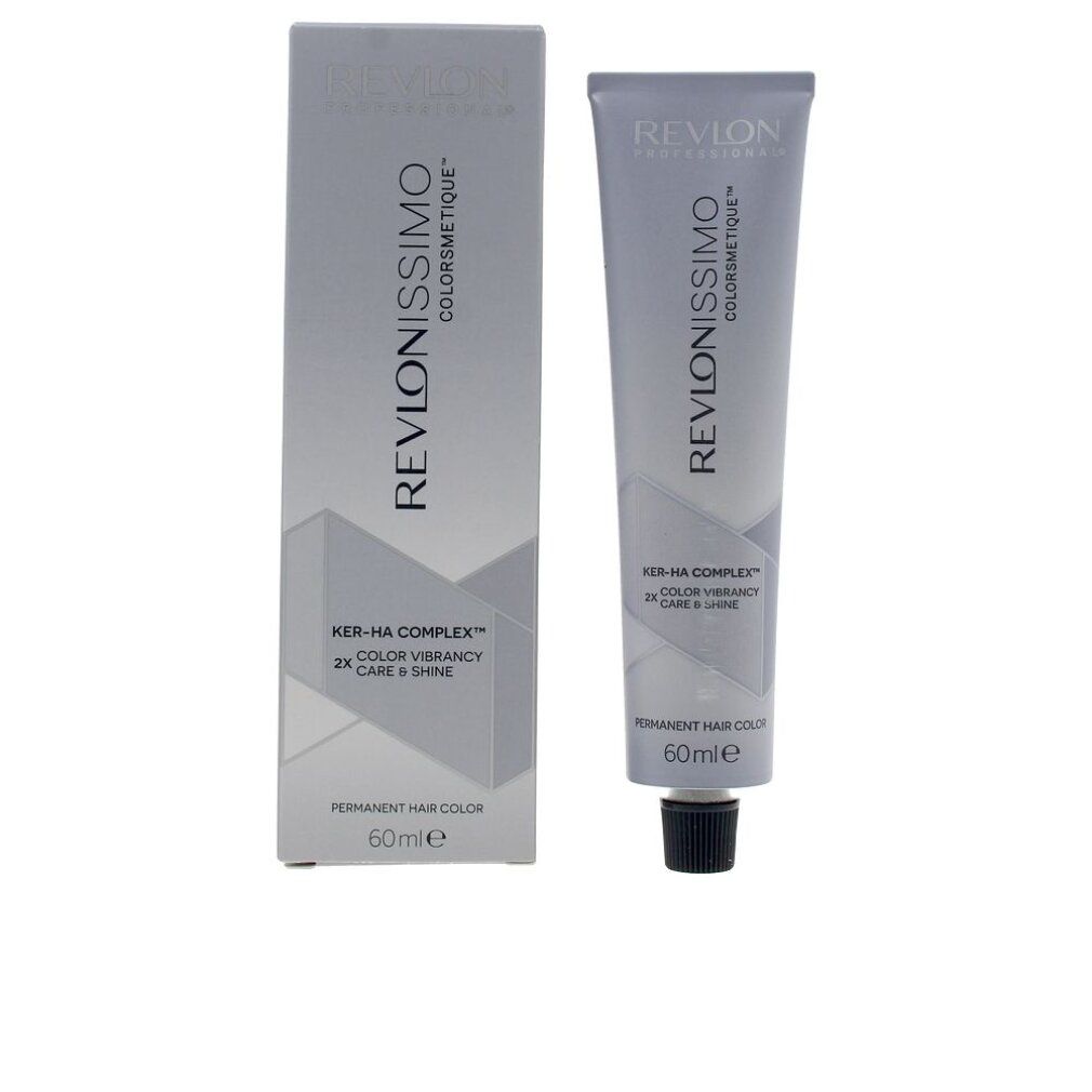 Tubo e scatola di tinta per capelli. Revlonissimo Colorsmetique. 60ml. Colorazione permanente. Ker-HA Complex per brillantezza e lucentezza.