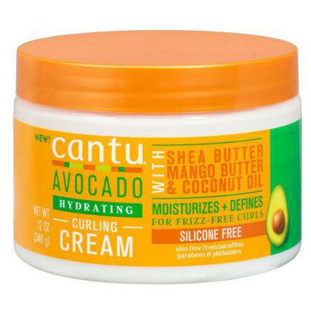 Barattolo di crema Cantu Avocado Hydrating Curling Cream. Contiene burro di karitè, mango e olio di cocco. Senza silicone.