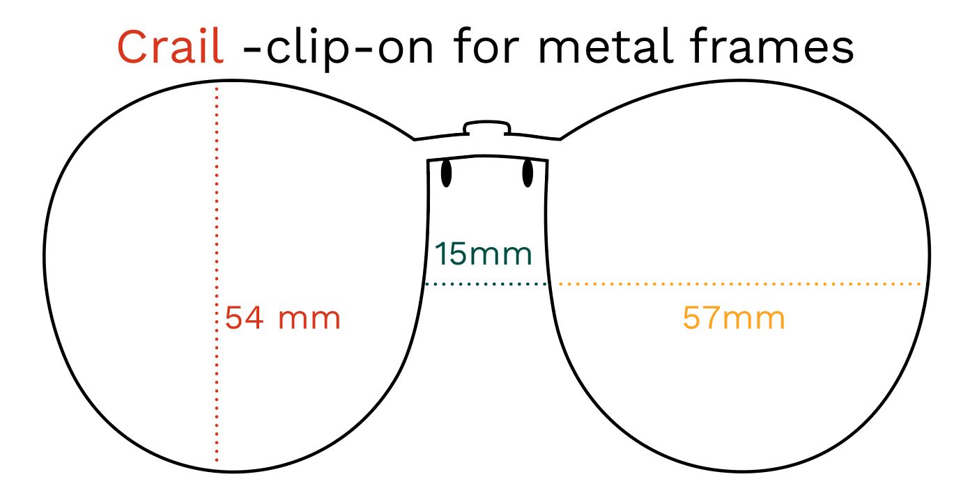 Schizzo di Crail clip-on per montature in metallo. Dimensioni: 54mm, 57mm, 15mm. Nome e tipo di prodotto.