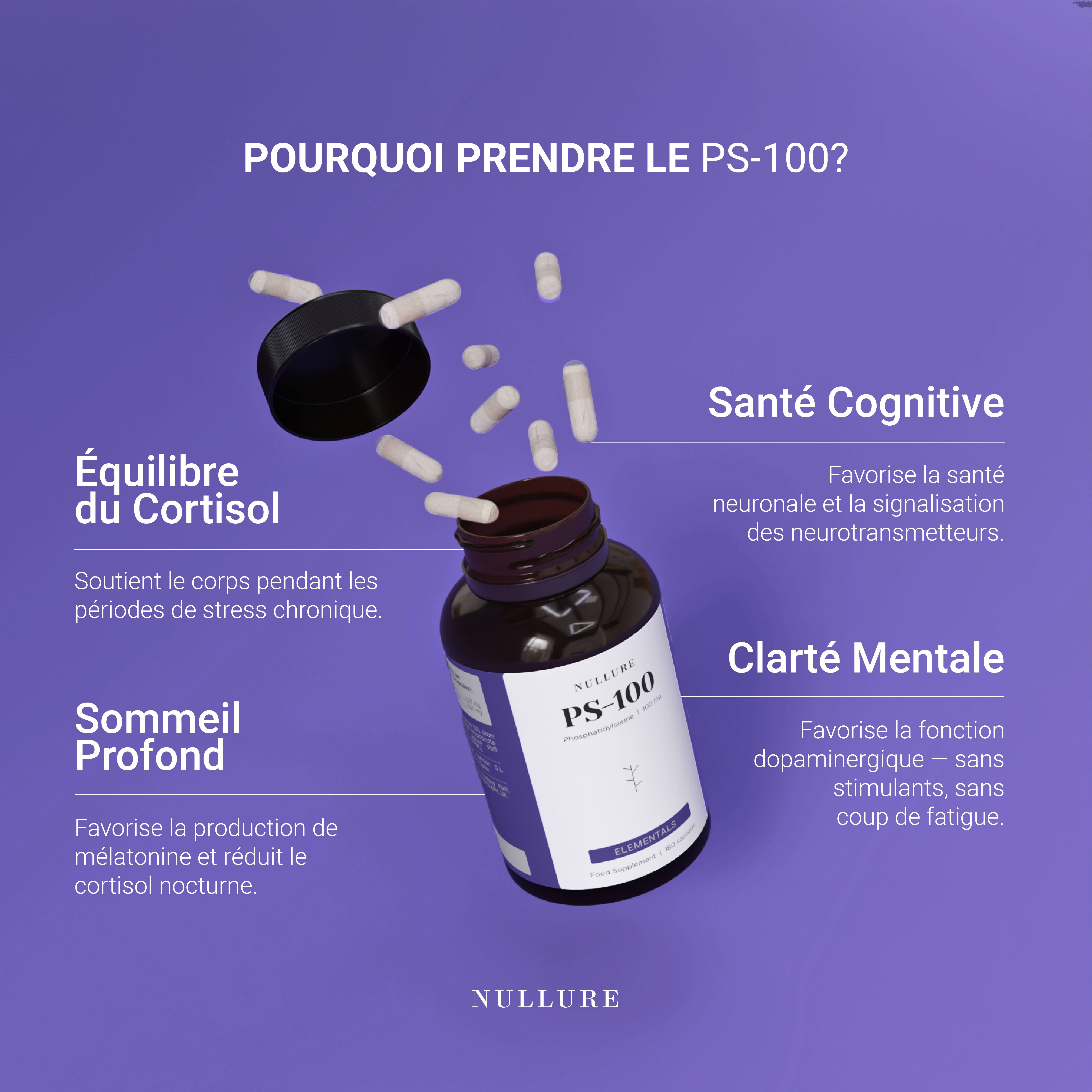Flacone PS-100 con capsule, che spiega i benefici per cortisolo, sonno e chiarezza mentale. Marca: NULLURE.