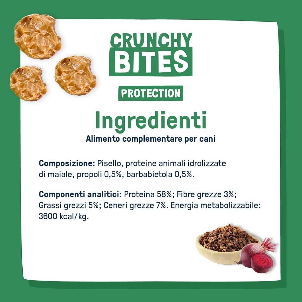 Lista ingredienti per snack per cani. Scritto: Crunchy Bites Protection. Ingredienti: piselli, proteine suine, propoli, barbabietola. Componenti analitici.