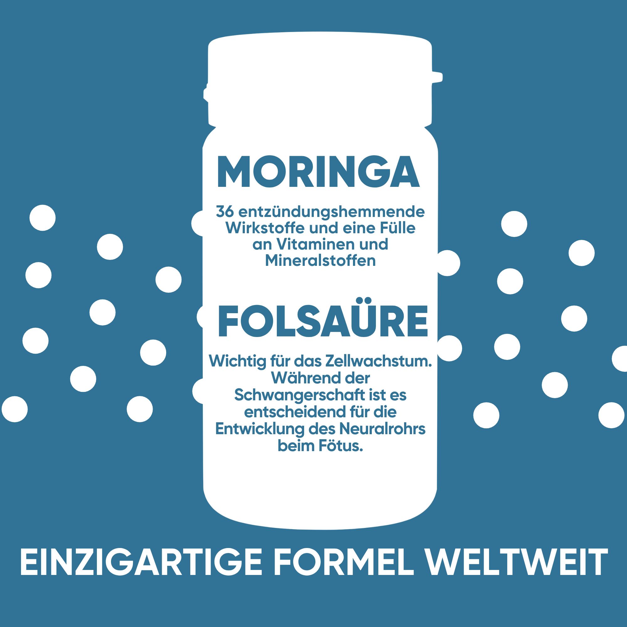 Flacone di Moringa e acido folico. "Formula unica al mondo".