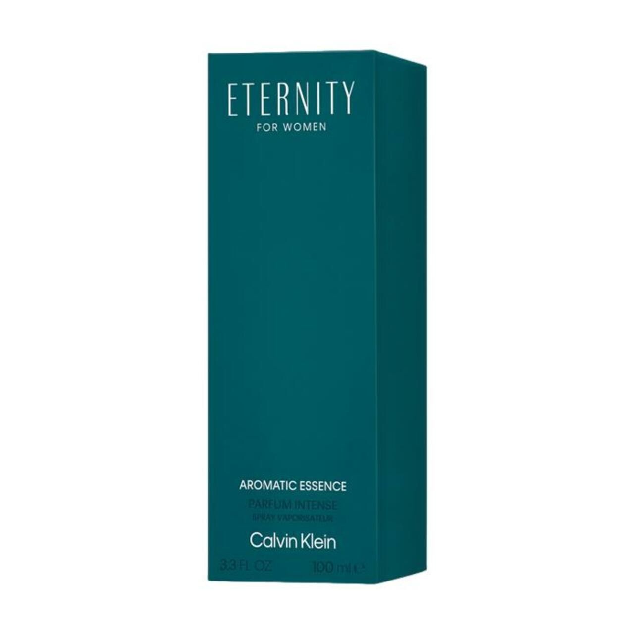 Scatola blu-verde. Scritta Eternity, Calvin Klein. Essenza aromatica. 100 ml. Forma rettangolare.