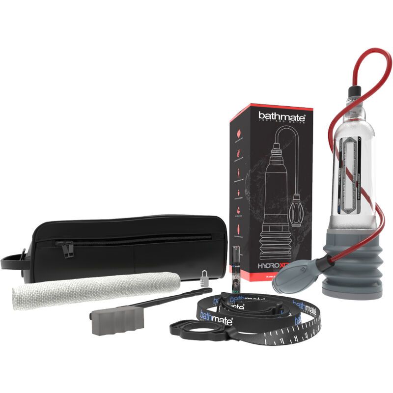 Set Bathmate HydroXtreme9 con borsa nera, pompa, metro a nastro e accessori.