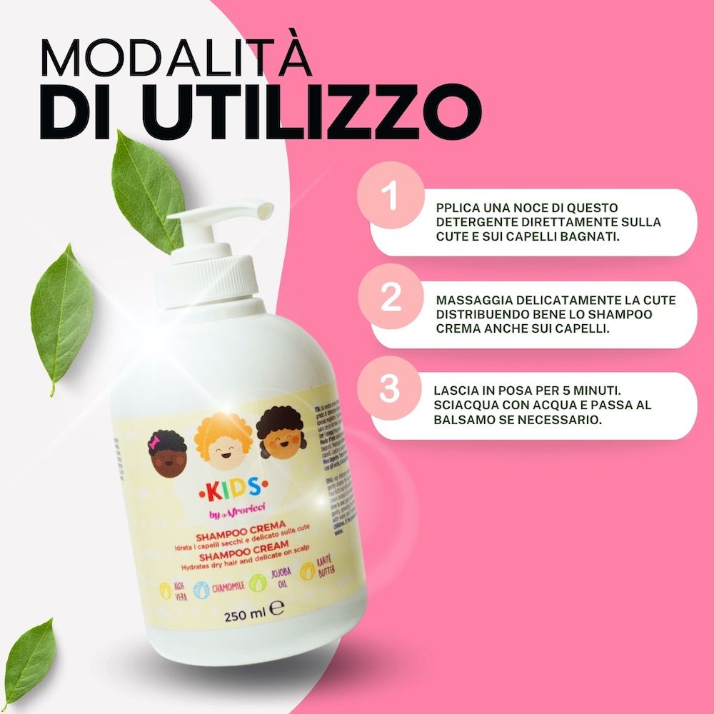 Flacone bianco AfroRicci Kids Shampoo Crema con dosatore. Sfondo rosa con istruzioni in italiano.