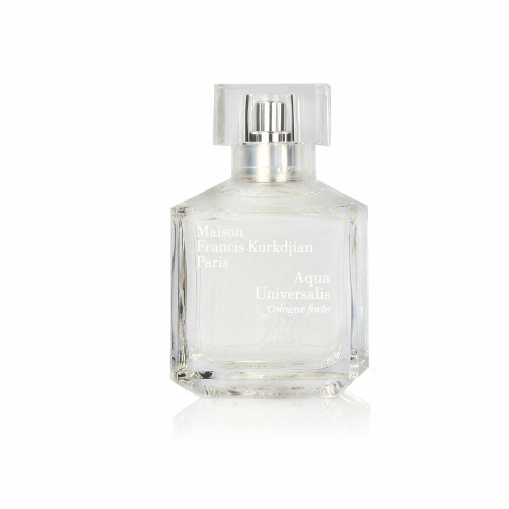 Flacone in vetro trasparente con spruzzatore argentato. Maison Francis Kurkdjian Paris Aqua Universalis Cologne Forte.
