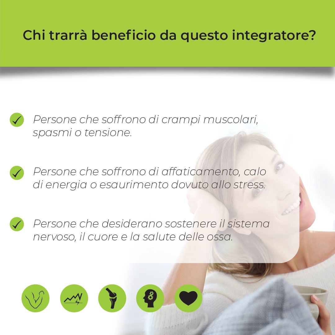 Chi beneficia di Biostile Pure Magnesium 5? Persone con crampi, affaticamento, o che vogliono sostenere nervi, cuore, ossa.