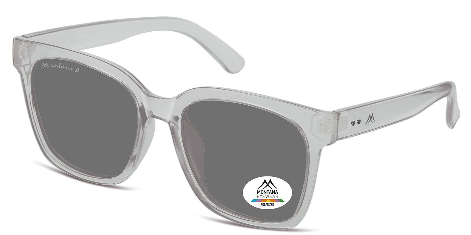 Occhiali da sole con lenti grigie e montatura trasparente. Logo Montana Eyewear sulla lente e sull'asta. Polarizzati.