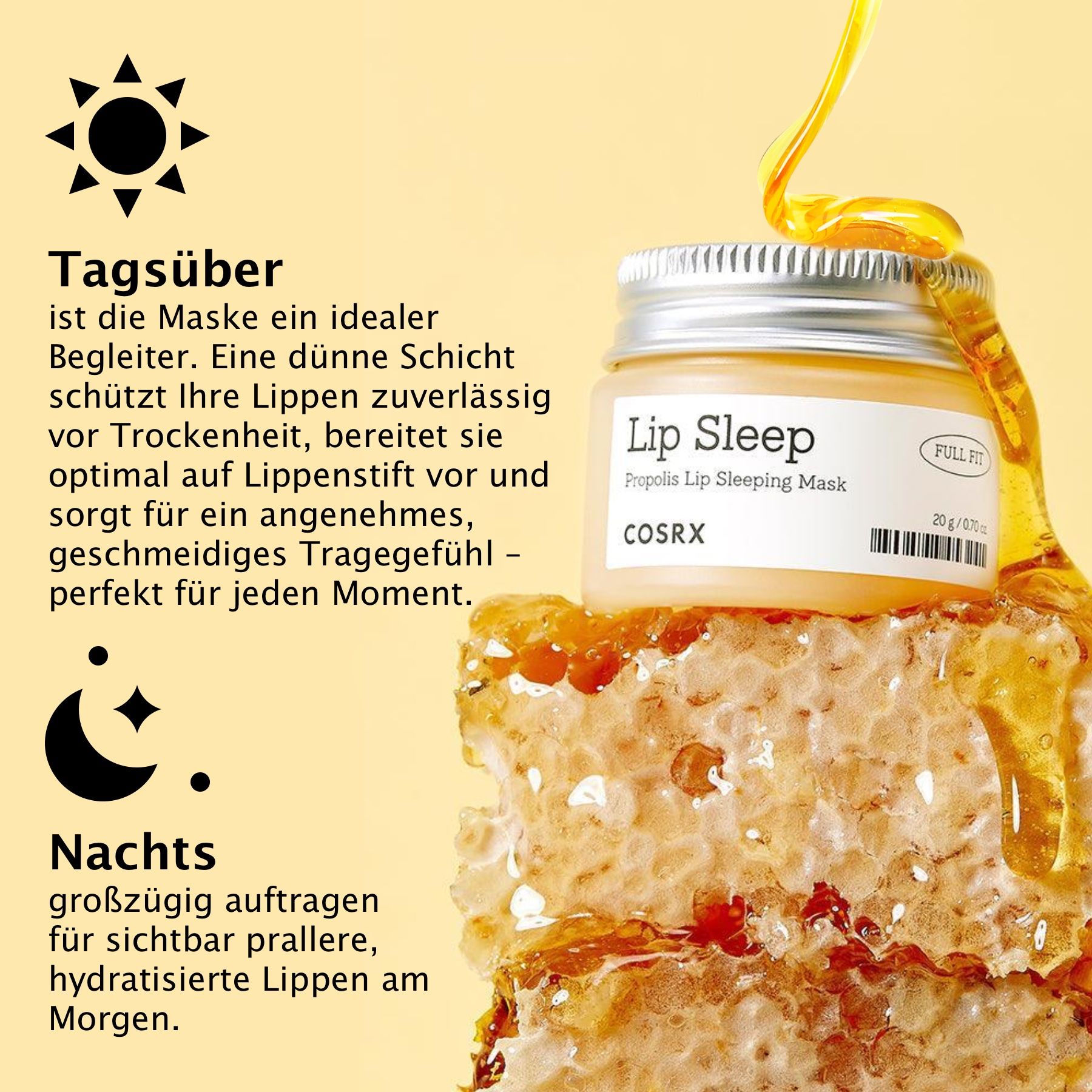Vasetto di COSRX Lip Sleep Propolis Sleeping Mask. Crema gialla. Favo e miele. Testo con nome e marchio.
