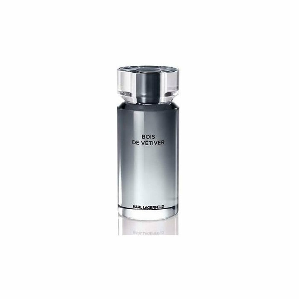 Karl Lagerfeld Bois de Vétiver Eau de Toilette Spray. Flacone in vetro con tappo. Nome del prodotto e del marchio sul flacone. Sfumatura da grigio a trasparente.