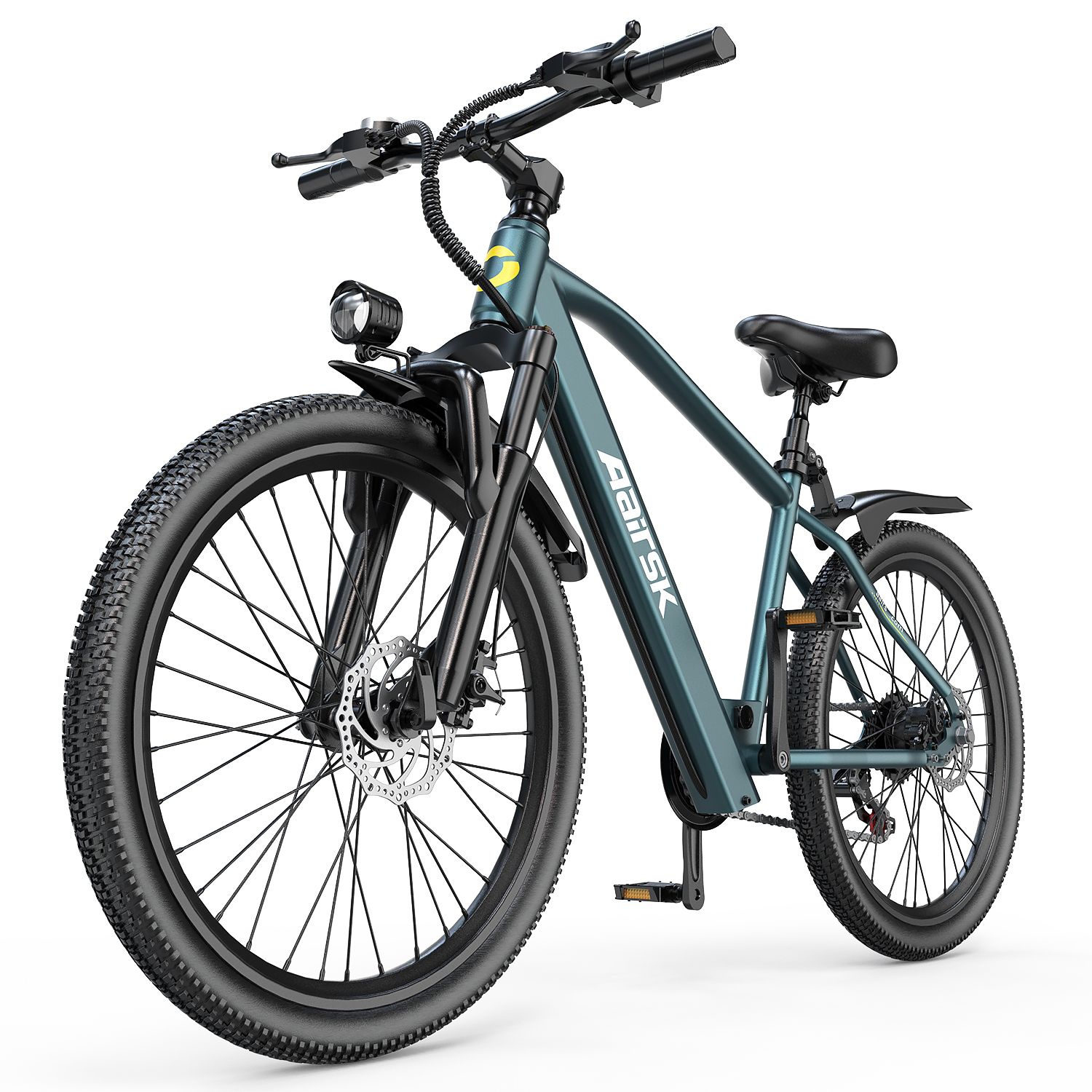 Bicicletta elettrica verde-azzurro con telaio e pneumatici neri. Marchio Aairsk.