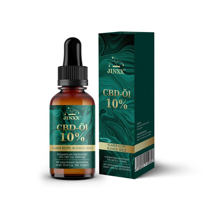 Flacone di vetro marrone con contagocce nero e confezione. Etichetta con "JINXX" e "CBD-Öl 10%". Testo: "KLARER KOPF, RUHIGE SEELE".
