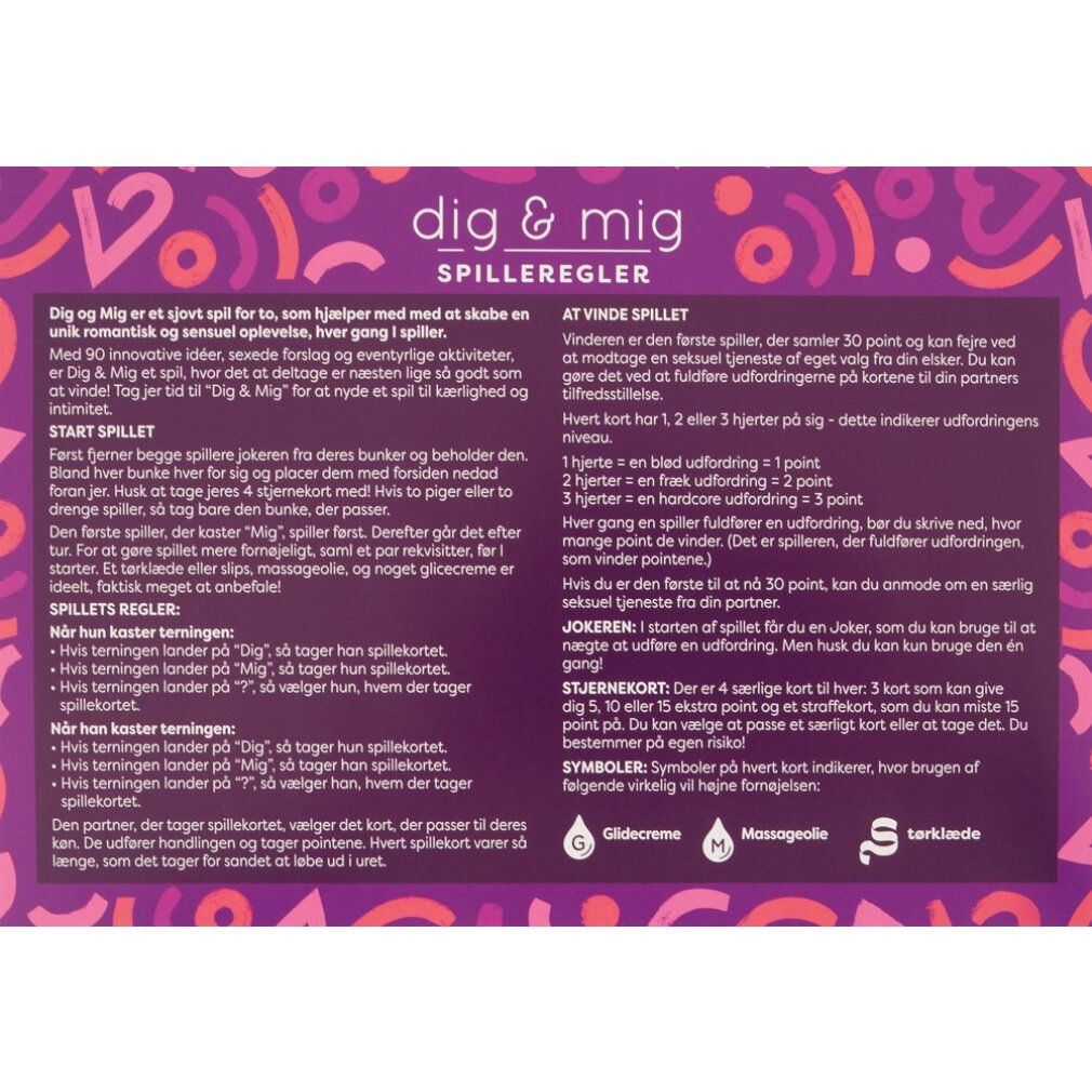 Regole del gioco viola con testo e simboli. Contiene le regole e le spiegazioni del gioco.