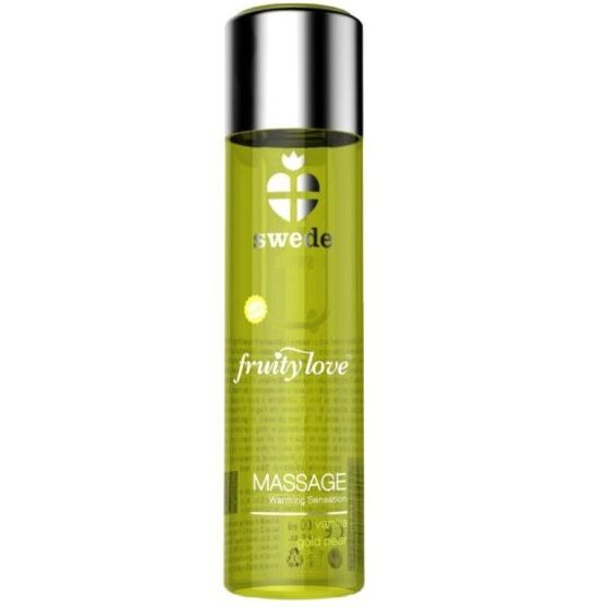 Flacone di olio da massaggio con tappo argentato. Liquido verde, etichetta con 'swede', 'fruity love' e 'massage'.