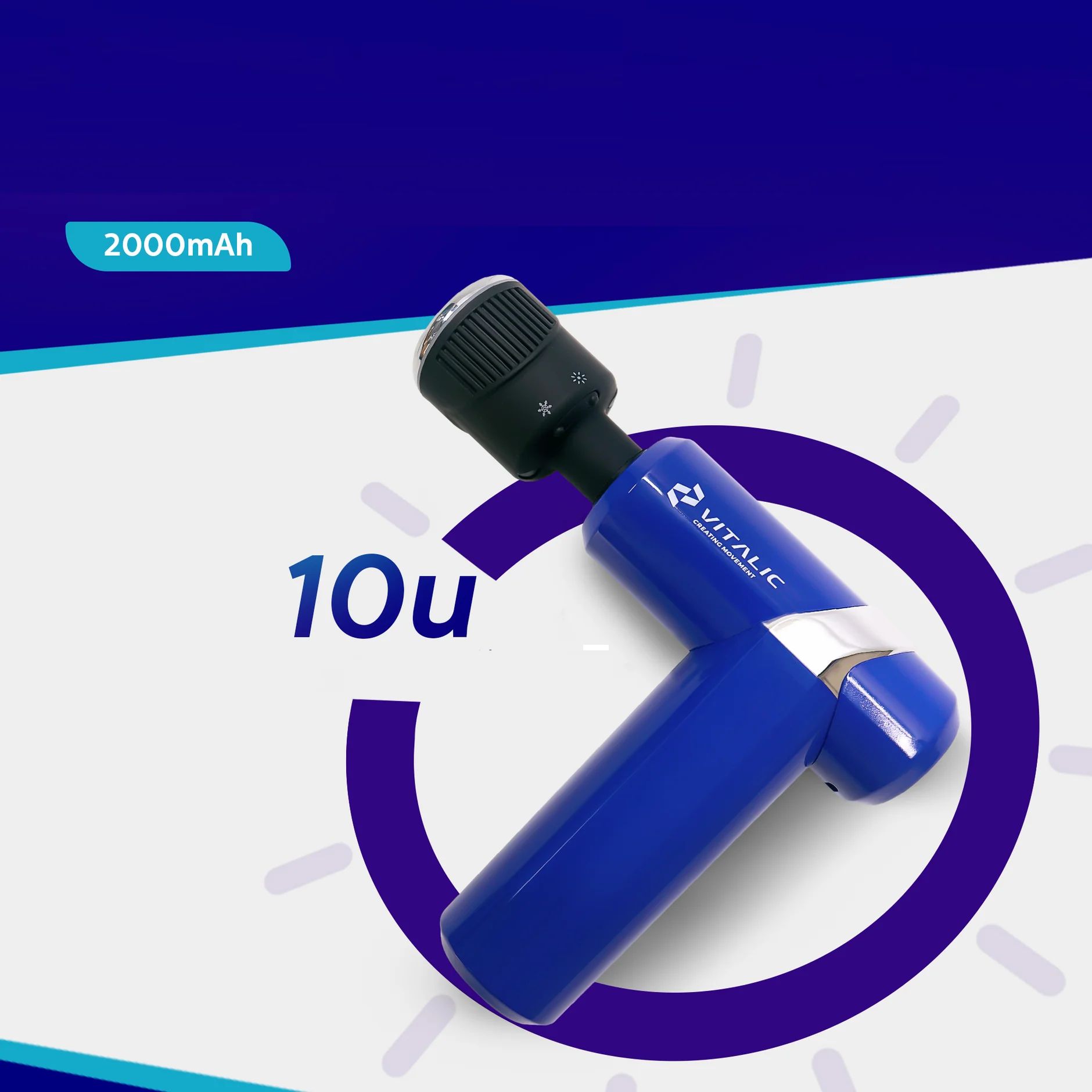 Pistola massaggiante blu, testina nera. Display 2000mAh e 10u. Logo VITALIC visibile.