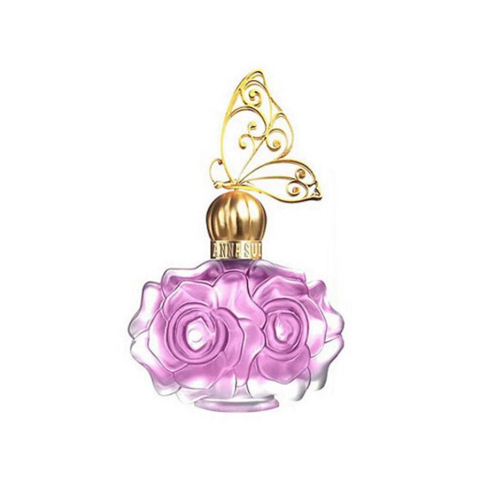 Flacone a forma di rosa rosa, tappo dorato a farfalla. Anna Sui La Vie de Boheme Eau de Toilette Spray.