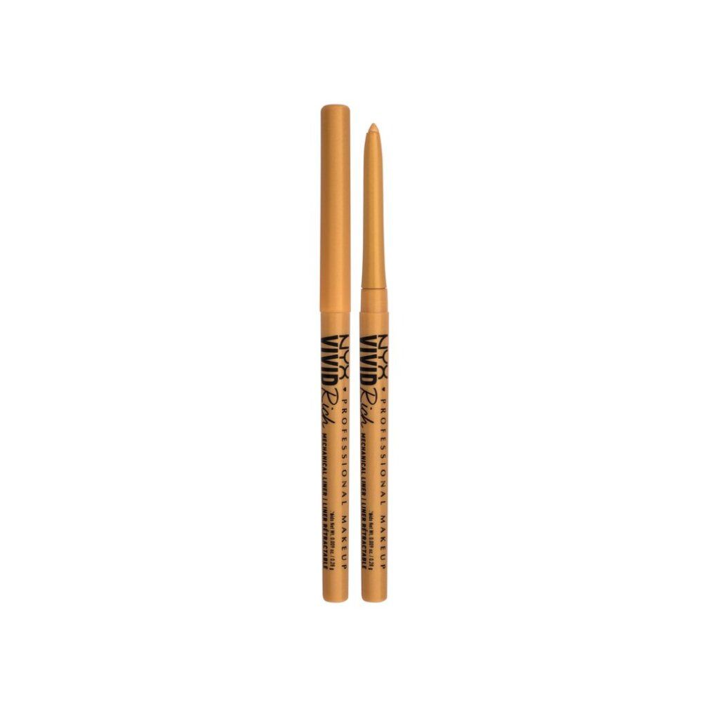 Matita eyeliner meccanica dorata con cappuccio. Scritta: NYX Professional Makeup Vivid Rich.