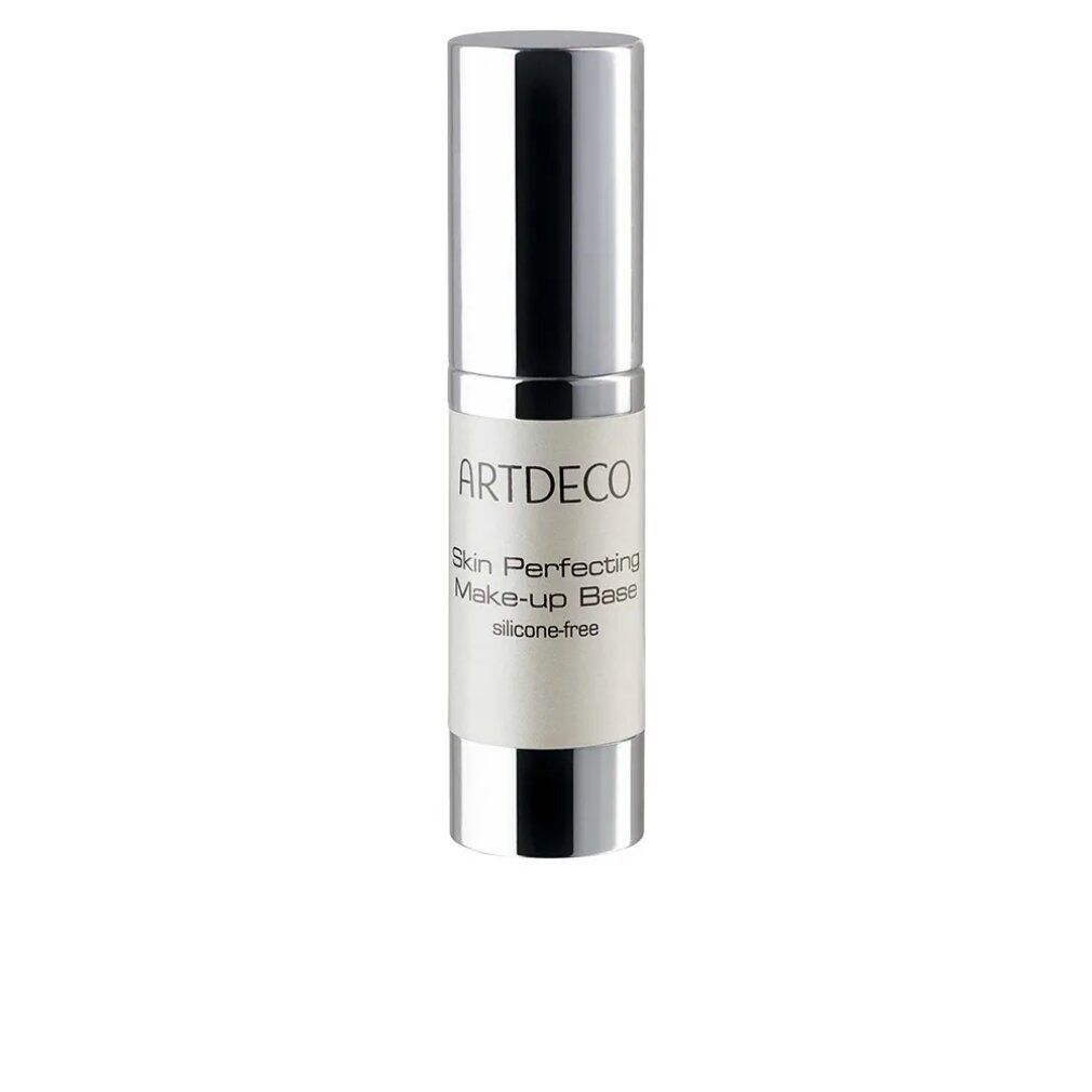 Flacone cilindrico con tappo e base argentati. Scritta: ARTDECO Skin Perfecting Make-up Base silicone-free.