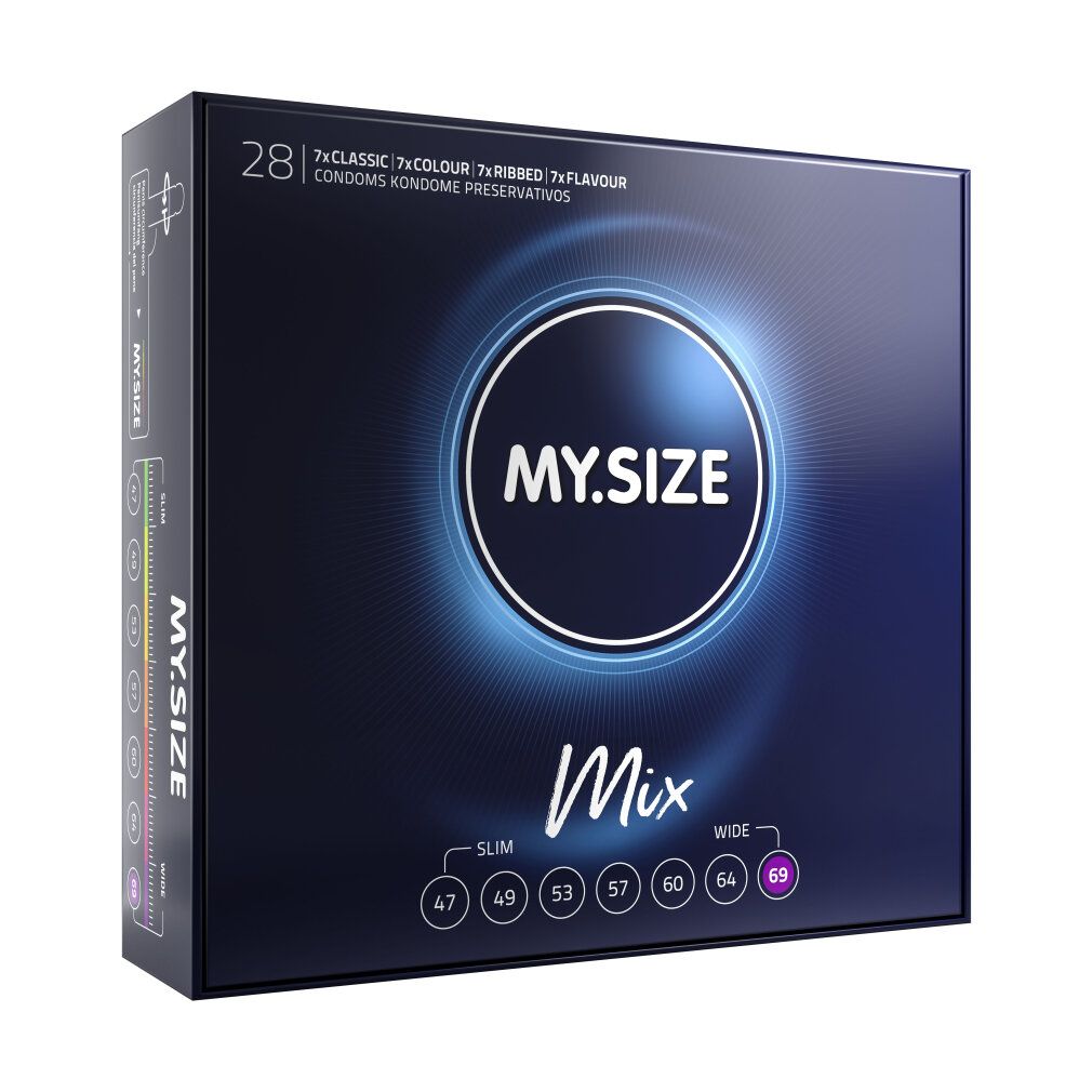 Confezione My.Size Classic 69mm MIX da 28 preservativi, 7x Classic, 7x Colour, 7x Ribbed, 7x Flavour.