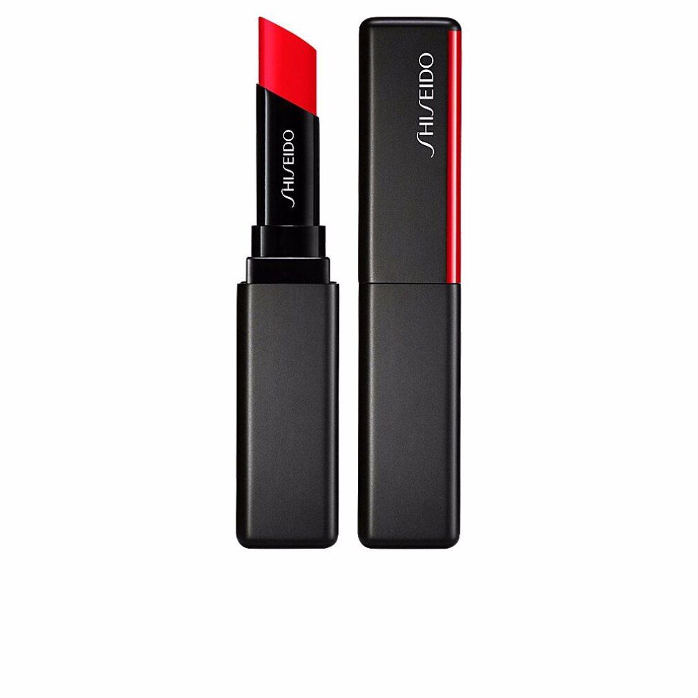 Rossetto nero con punta rossa. Aperto e chiuso. Marchio Shiseido. Striscia rossa sul contenitore.