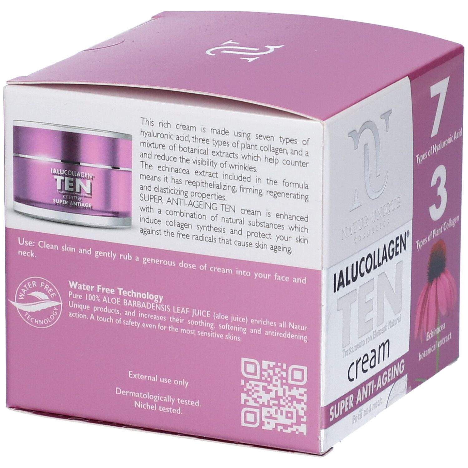 Confezione crema. Scritta: IALUCOLLAGEN TEN crema SUPER ANTIAGE. Con 7 tipi di acido ialuronico e 3 di collagene vegetale.