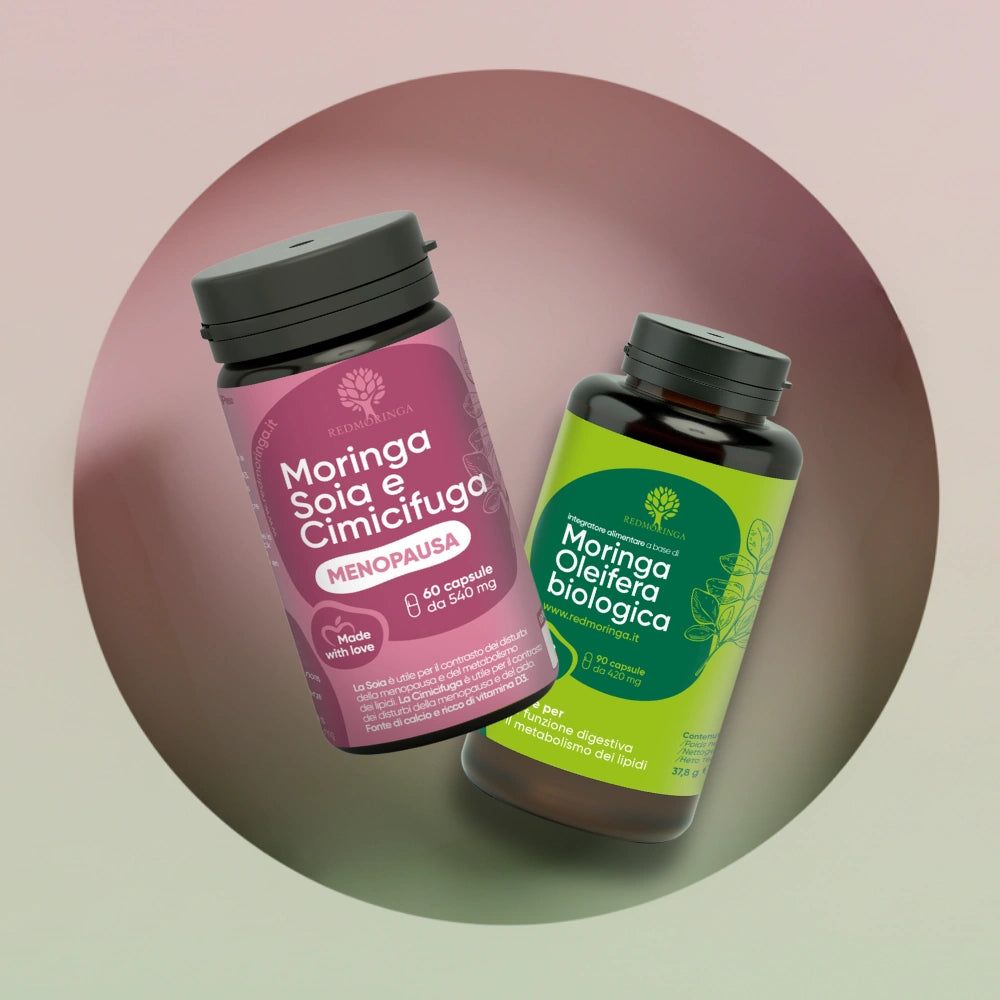 Due flaconi di integratori con capsule. Testo: Moringa Soia e Cimicifuga, Menopausa, 60 capsule. 90 capsule.