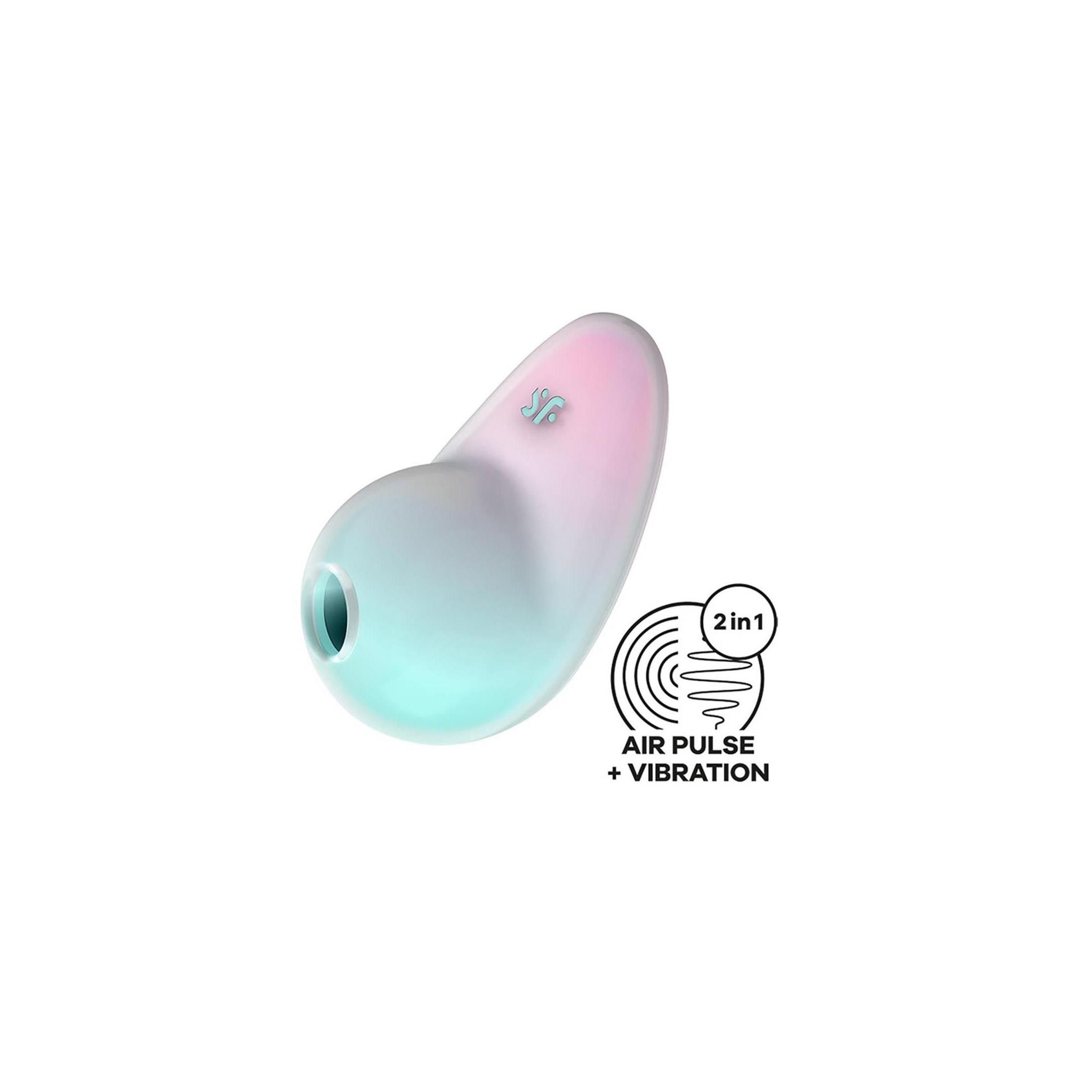 Dispositivo a goccia, bicolore: verde menta e rosa. Logo. Testo: Air Pulse + Vibration. 2 in 1.