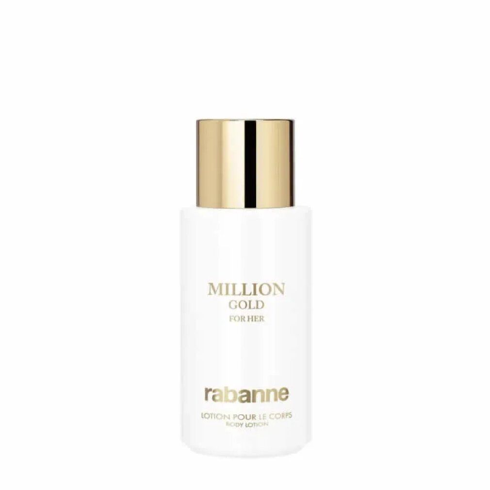 Flacone bianco con tappo dorato. Scritta: MILLION GOLD FOR HER, rabanne. Lotion pour le corps.